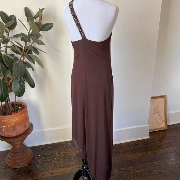 Vintage Cache Chocolate Beaded One Shoulder Asymmetric Hem Dress - Picture 3 of 8